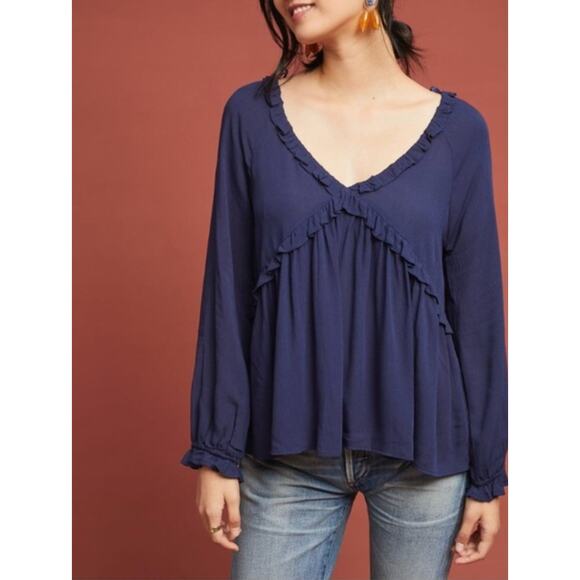 ANTHROPOLOGIE Eri + Ali  NWT Navy Ruffle V-Neck Blouse // XS - Picture 1 of 8